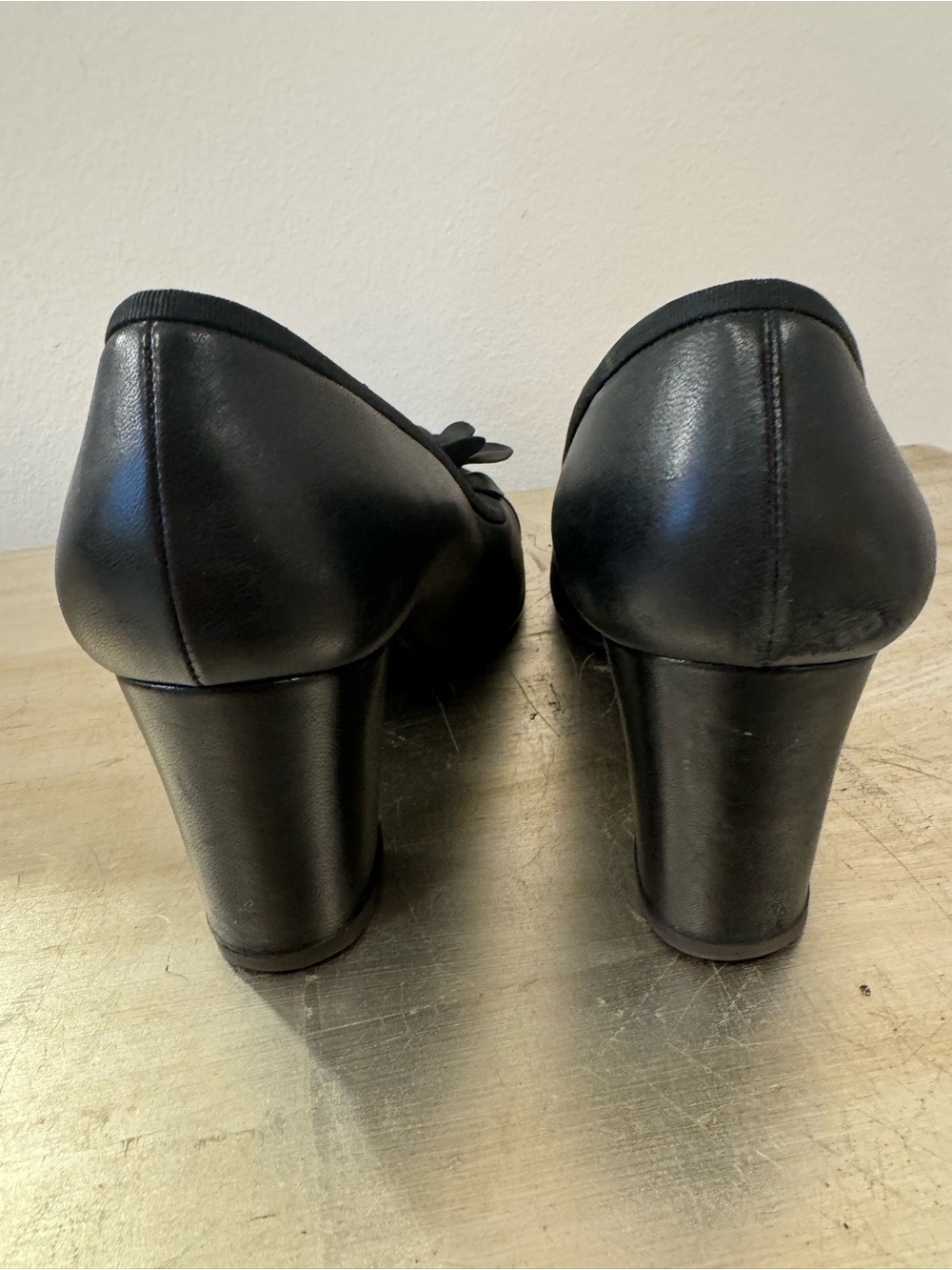 Chanel Vintage Black Leather and Patent Leather Cap Toe Camellia Block Heels - Picture 6 of 8
